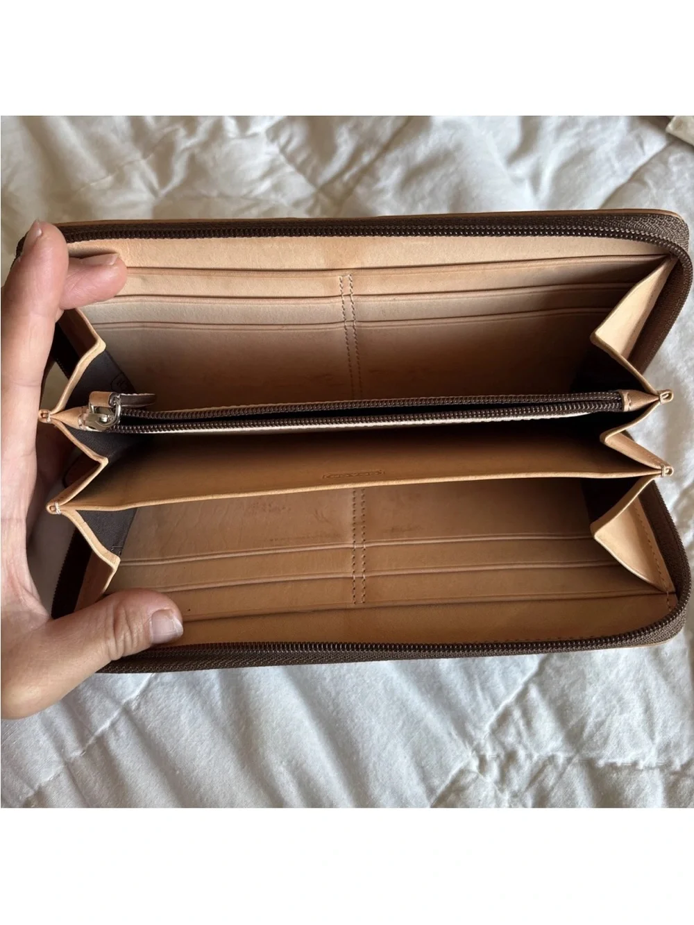 Coach Brown Signature Continental Zip Wallet with Tan Trim